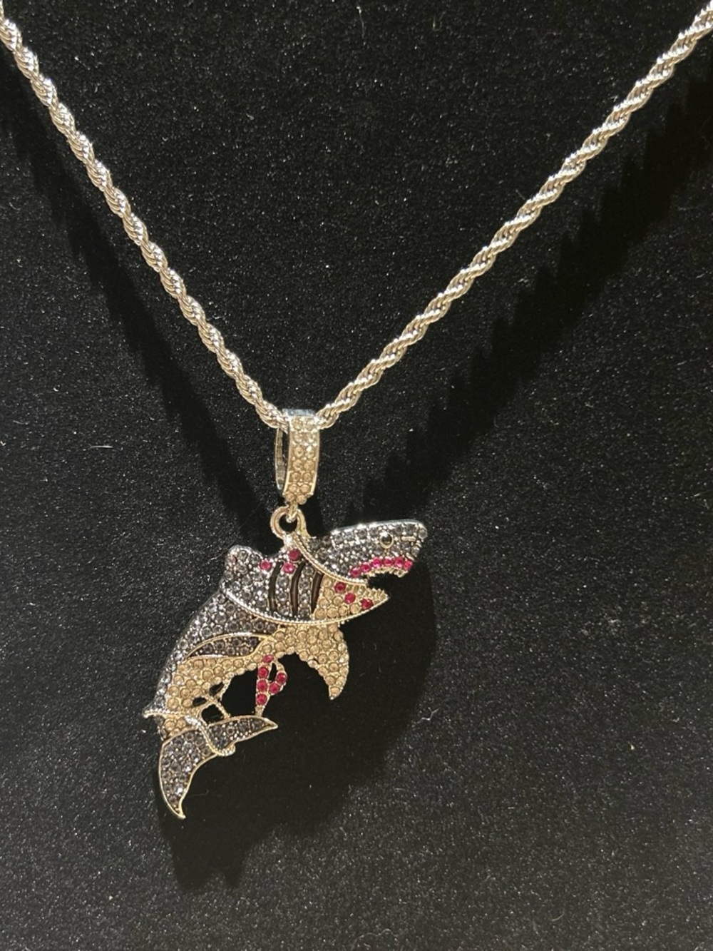 Gold-Tone Shark Pendant Necklace with Black and Pink Stones